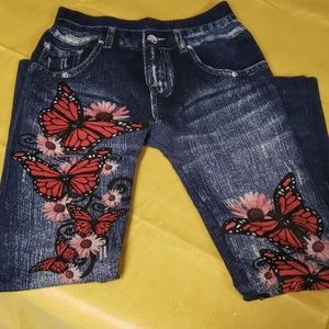 Knit Denim look butterfly leggings one size fit